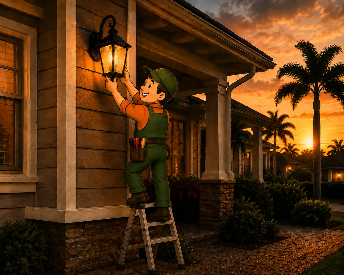 Illustrated Polk Electric technician on a ladder installing an outdoor light fixture on a home at sunset