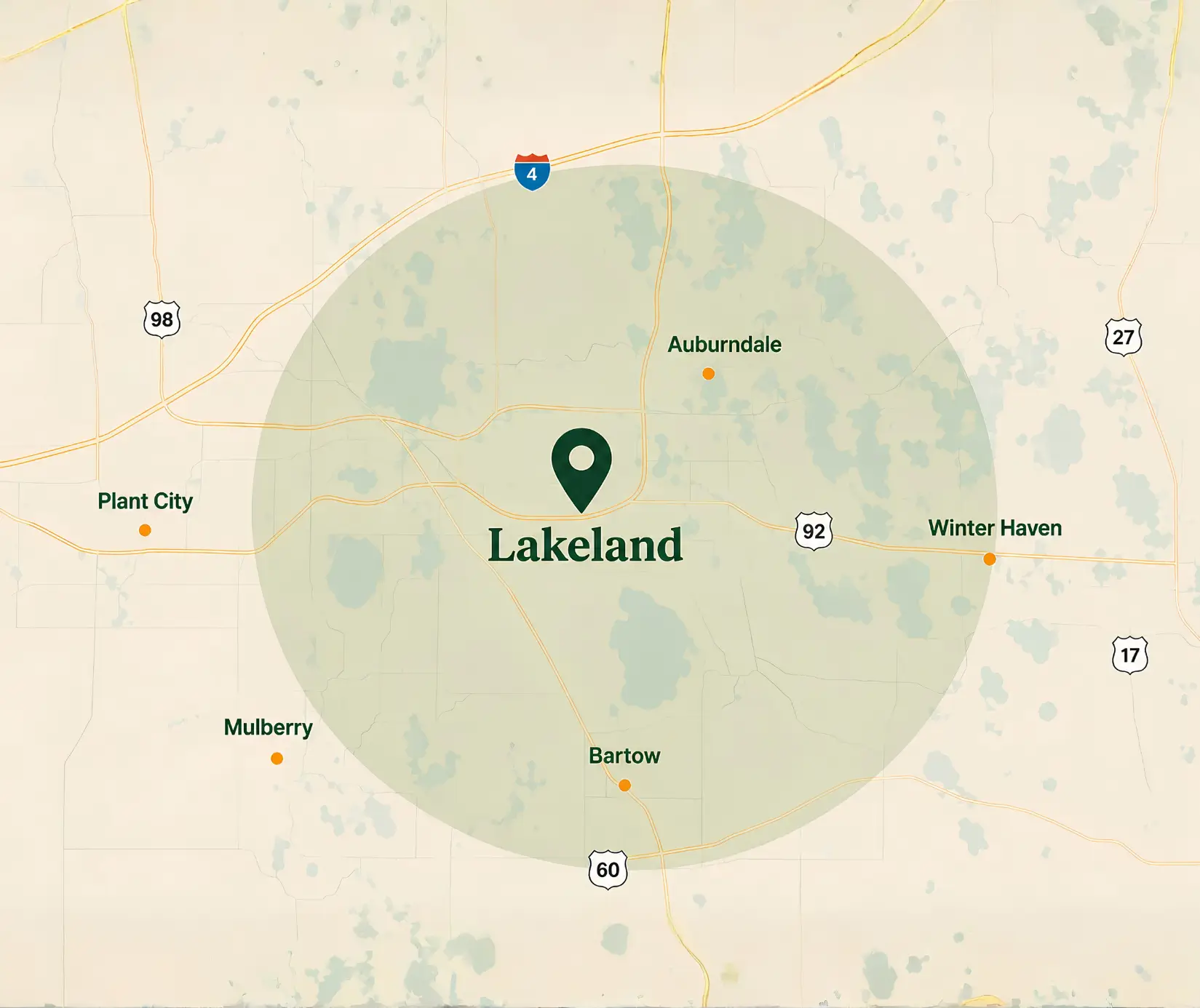 Map of Polk Electric's service coverage centered on Lakeland, including Auburndale, Winter Haven, Bartow, Mulberry and Plant City