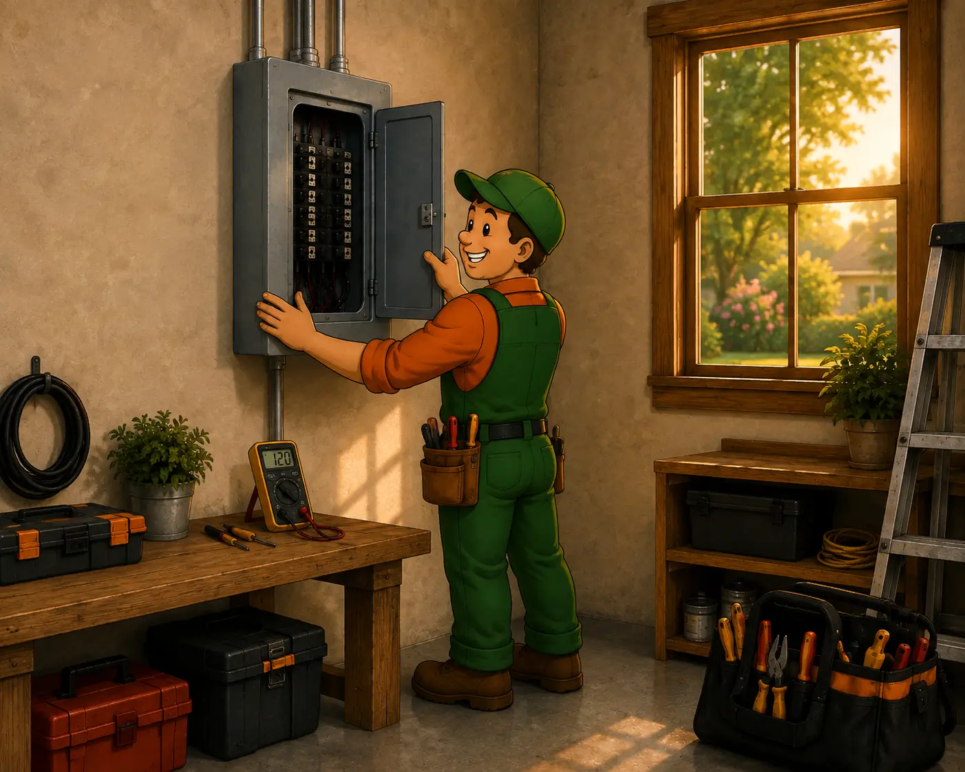 Servicing a residential circuit breaker panel in Polk County Illustrated Polk Electric technician kneeling in a workshop to service an open circuit breaker panel