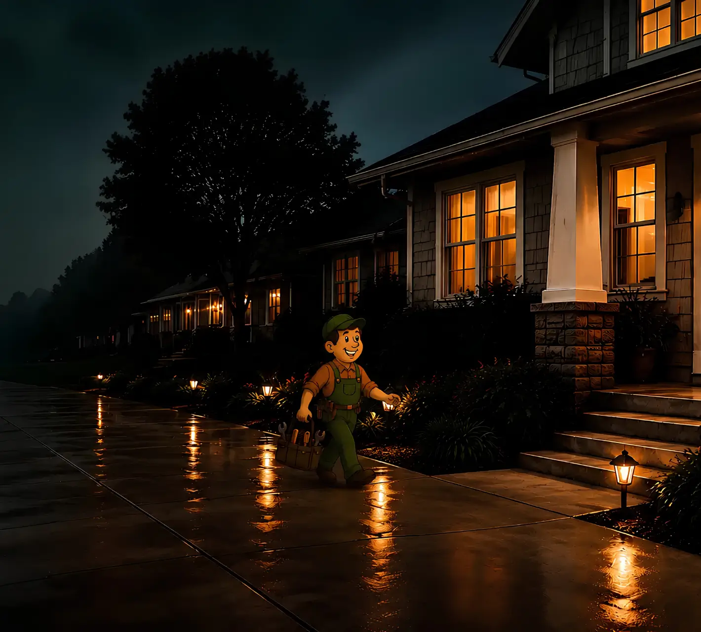 Polk Electric technician arriving for an evening service call Illustrated Polk Electric technician carrying a toolbox along a sidewalk past a craftsman home at night